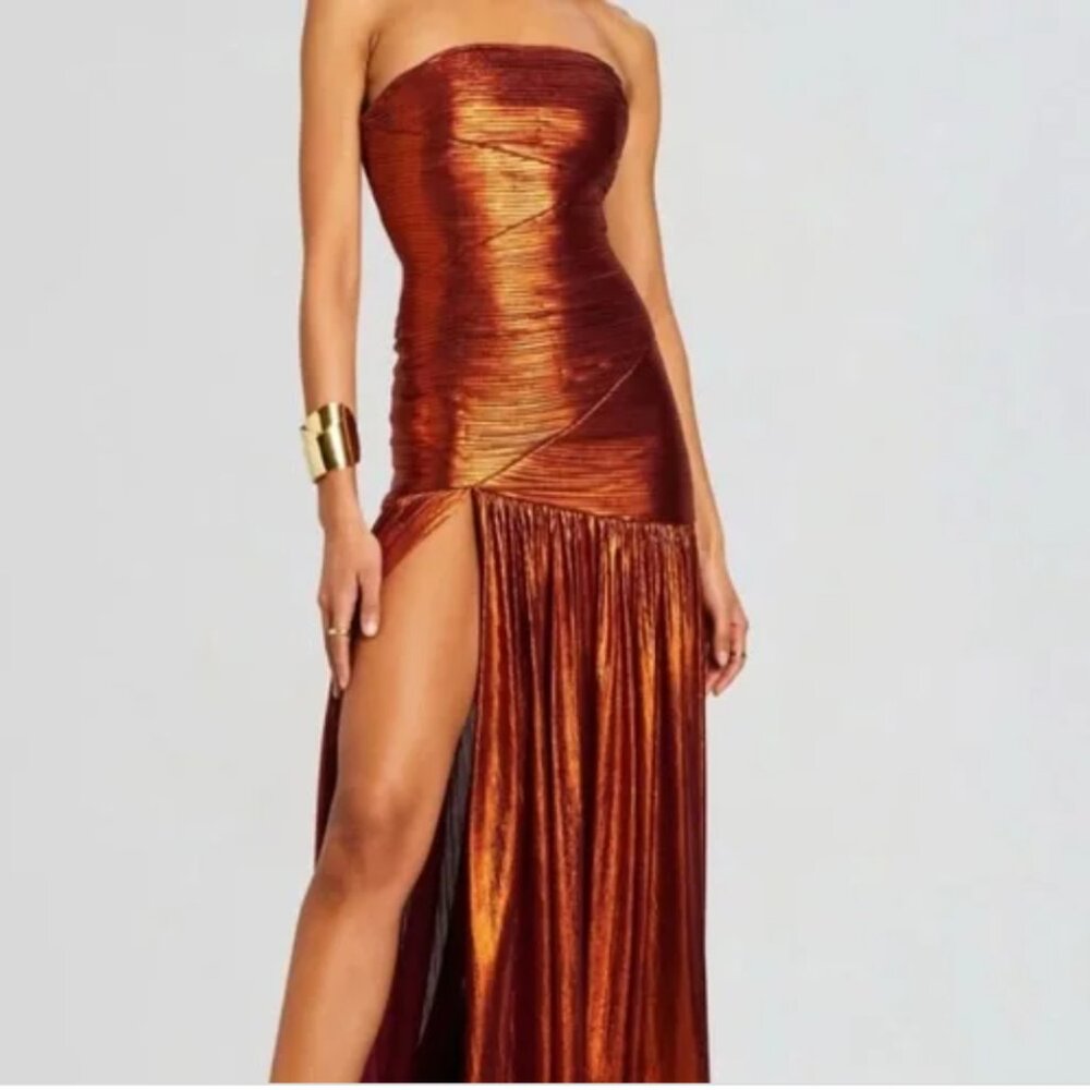 Retrofete Chantal Metallic Strapless Dress Rust Color